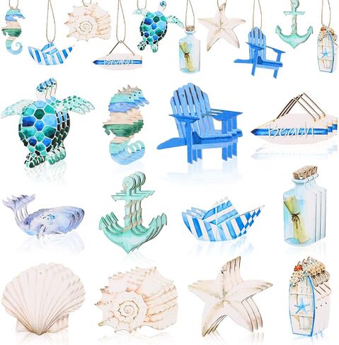 CCINEE 36pcs Summer Beach Wooden Hanging Ornaments, Ocean Theme Nautical Centerpieces for Classroom Office Coastal Navigation Party Tables Tree Decorations in Kuwait