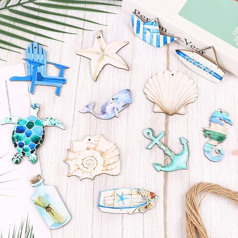 CCINEE 36pcs Summer Beach Wooden Hanging Ornaments, Ocean Theme Nautical Centerpieces for Classroom Office Coastal Navigation Party Tables Tree Decorations in Kuwait
