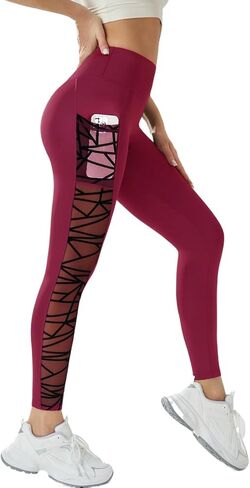 Women's High Waist Yoga Leggings with Pocket & Geometric Mesh, Multiple Colors Available in Kuwait