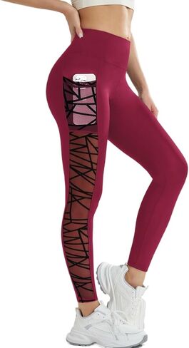 Women's High Waist Yoga Leggings with Pocket & Geometric Mesh, Multiple Colors Available in Kuwait