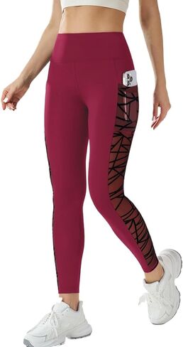Women's High Waist Yoga Leggings with Pocket & Geometric Mesh, Multiple Colors Available in Kuwait