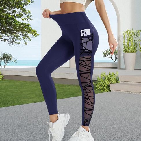 Women's High Waist Yoga Leggings with Pocket & Geometric Mesh, Multiple Colors Available in Kuwait