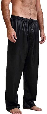 Honganda Men's Satin Pajama Pants, Sleepwear Long Pajama Bottoms with Drawstring Loungwear Pjs Pants (Black, Medium) in Kuwait