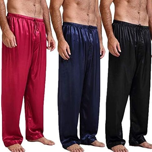 Honganda Men's Satin Pajama Pants, Sleepwear Long Pajama Bottoms with Drawstring Loungwear Pjs Pants (Black, Medium) in Kuwait