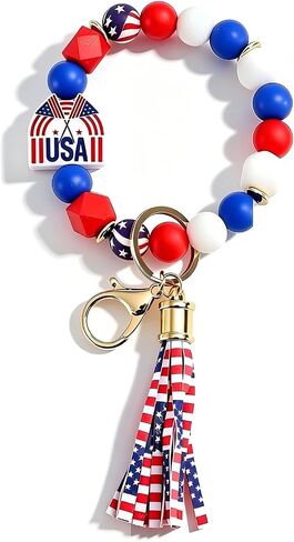 4th of July USA Flag Bracelet Keychain Outfits for Women - Independence Day Patriotic Jewelry Tassel Key Ring in Kuwait