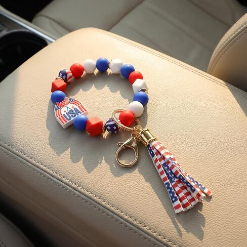4th of July USA Flag Bracelet Keychain Outfits for Women - Independence Day Patriotic Jewelry Tassel Key Ring in Kuwait