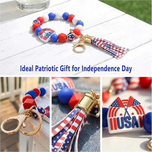 4th of July USA Flag Bracelet Keychain Outfits for Women - Independence Day Patriotic Jewelry Tassel Key Ring in Kuwait