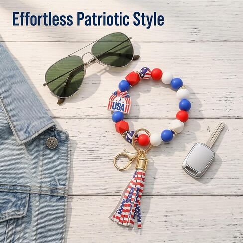 4th of July USA Flag Bracelet Keychain Outfits for Women - Independence Day Patriotic Jewelry Tassel Key Ring in Kuwait