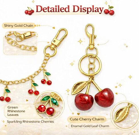 Cherry Bag Charm for Handbags, Cute Cherry Purse Charm Chain | Gold Red Tote Bag Accessories for Women in Saudi Arabia