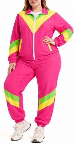 Owurha Plus Size 80s 90s Outfit for Women, Retro Tracksuit Set, 2 Piece Windbreaker Jacket Pants, XL-5XL in Saudi Arabia