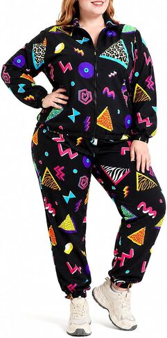 Owurha Plus Size 80s 90s Outfit for Women, Retro Tracksuit Set, 2 Piece Windbreaker Jacket Pants, XL-5XL in Saudi Arabia