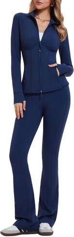 AFZ Women's Bodycon Two Piece Tracksuit Zip-Up Sweat Set with Contrast Striped Flared Joggers Travel Suit in Saudi Arabia