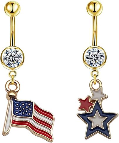 2Pcs 4th of July Belly Button Rings American Flag Dangle Star for Women 14G 316L Stainless Steel Hypoallergenic Western Belly Piercing Jewelry in Saudi Arabia