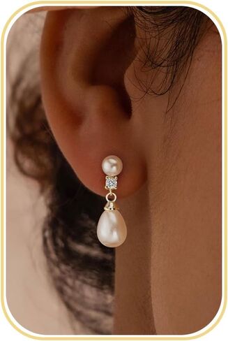 Pearl Earrings - 14K Gold/White Gold/Rose Gold Plated Cubic Zirconia CZ Diaomond Accented Pearl Drop Dangle Earrings for Women Wedding Bridal Prom in Saudi Arabia
