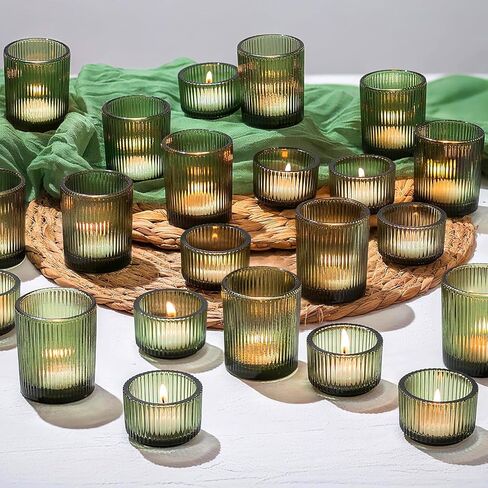 36 Pcs Vintage Green Ribbed Glass Tealight Holders Bulk, 18 Large & 18 Small Candle Holders for Christmas, Table Centerpieces, Wedding Decor, Birthday & Home Party Ambiance in Kuwait