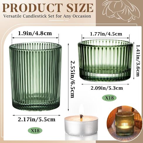 36 Pcs Vintage Green Ribbed Glass Tealight Holders Bulk, 18 Large & 18 Small Candle Holders for Christmas, Table Centerpieces, Wedding Decor, Birthday & Home Party Ambiance in Kuwait