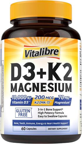 Vitalibre D3 K2 + Magnesium Supplement, 10000 IU Vitamin D3 & 200 mcg K2, with Magnesium Glycinate, Bone, Teeth, Immune & Energy Support, High Absorption, Non-GMO, Easy to Swallow, 60 Capsules in Kuwait