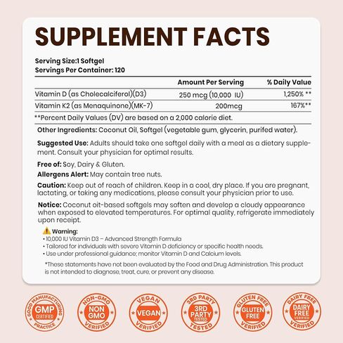 VEV Corefeel Vitamin D3 K2 10,000 IU, 200 mcg MK-7, 120 Coconut Oil Softgels, 2-in-1 Vitamins D & K, Easy to Swallow in Saudi Arabia