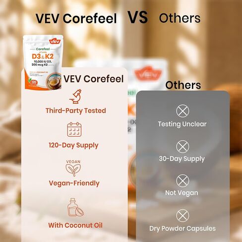 VEV Corefeel Vitamin D3 K2 10,000 IU, 200 mcg MK-7, 120 Coconut Oil Softgels, 2-in-1 Vitamins D & K, Easy to Swallow in Saudi Arabia