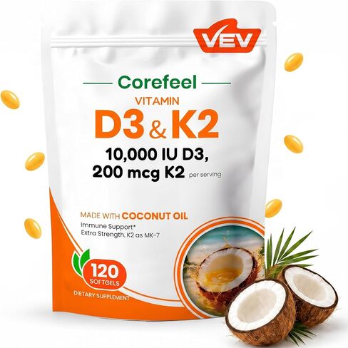 VEV Corefeel Vitamin D3 K2 10,000 IU, 200 mcg MK-7, 120 Coconut Oil Softgels, 2-in-1 Vitamins D & K, Easy to Swallow in Saudi Arabia