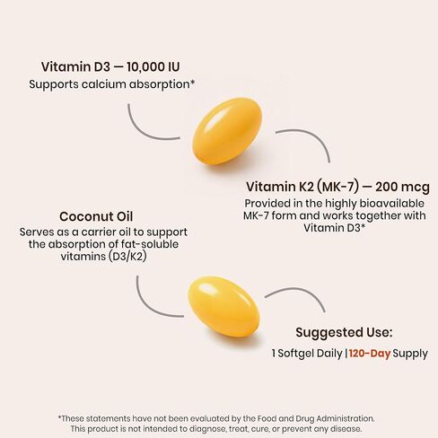 VEV Corefeel Vitamin D3 K2 10,000 IU, 200 mcg MK-7, 120 Coconut Oil Softgels, 2-in-1 Vitamins D & K, Easy to Swallow in Saudi Arabia