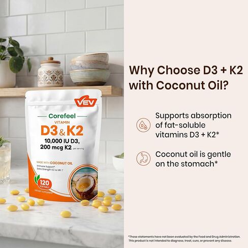 VEV Corefeel Vitamin D3 K2 10,000 IU, 200 mcg MK-7, 120 Coconut Oil Softgels, 2-in-1 Vitamins D & K, Easy to Swallow in Saudi Arabia