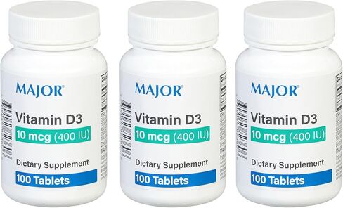 MAJOR Vitamin D3 10mcg (400 IU) - يحتوي على 25 ملغ من الكالسيوم - مكمل غذائي - 100 قرص (3 عبوات) in Kuwait