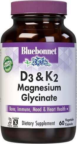 BlueBonnet Nutrition فيتامين د3 50 ميكروجرام (2000 وحدة دولية)، ك2 100 ميكروجرام، وجليسينات المغنيسيوم 200 مجم - لصحة العظام والقلب - غير معدل وراثيًا، وكوشير، وخالي من الغلوتين - 60 كبسولة نباتية، 30 وجبة in Kuwait