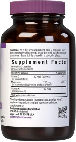 BlueBonnet Nutrition فيتامين د3 50 ميكروجرام (2000 وحدة دولية)، ك2 100 ميكروجرام، وجليسينات المغنيسيوم 200 مجم - لصحة العظام والقلب - غير معدل وراثيًا، وكوشير، وخالي من الغلوتين - 60 كبسولة نباتية، 30 وجبة in Kuwait