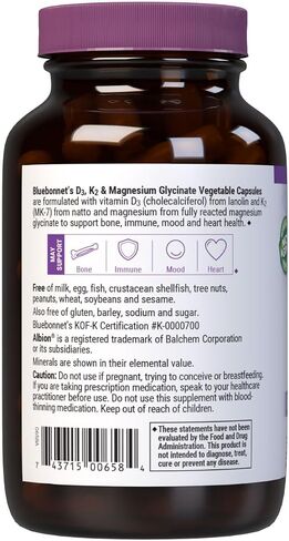 BlueBonnet Nutrition فيتامين د3 50 ميكروجرام (2000 وحدة دولية)، ك2 100 ميكروجرام، وجليسينات المغنيسيوم 200 مجم - لصحة العظام والقلب - غير معدل وراثيًا، وكوشير، وخالي من الغلوتين - 60 كبسولة نباتية، 30 وجبة in Kuwait