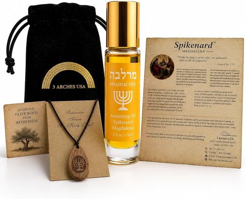 Spikenard Magdalena Anointing Oil Roll On 10ml – Holy Land Biblical Spikenard Essence with Olive Wood Menorah Pendant & Scripture Gift Set in Saudi Arabia