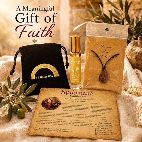 Spikenard Magdalena Anointing Oil Roll On 10ml – Holy Land Biblical Spikenard Essence with Olive Wood Menorah Pendant & Scripture Gift Set in Saudi Arabia