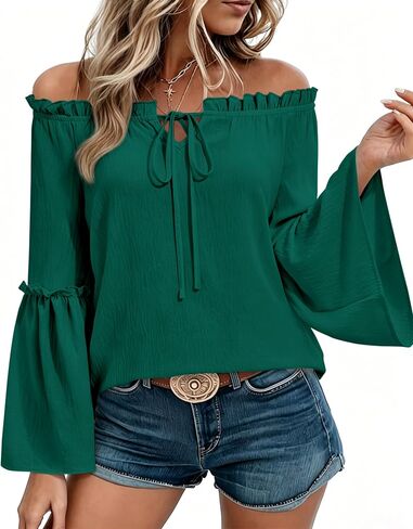 siliteelon Off The Shoulder Tops Women Ruffle Bell Sleeve Blouses Tie Knot Summer Casual Dressy Shirts Flowy Vacation in Kuwait