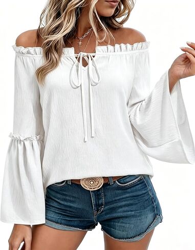 siliteelon Off The Shoulder Tops Women Ruffle Bell Sleeve Blouses Tie Knot Summer Casual Dressy Shirts Flowy Vacation in Kuwait