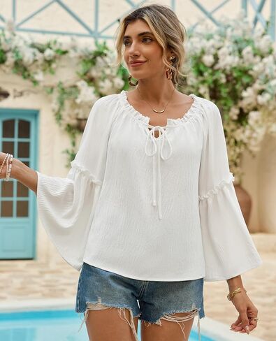 siliteelon Off The Shoulder Tops Women Ruffle Bell Sleeve Blouses Tie Knot Summer Casual Dressy Shirts Flowy Vacation in Kuwait