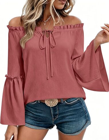 siliteelon Off The Shoulder Tops Women Ruffle Bell Sleeve Blouses Tie Knot Summer Casual Dressy Shirts Flowy Vacation in Kuwait