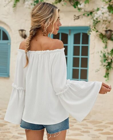 siliteelon Off The Shoulder Tops Women Ruffle Bell Sleeve Blouses Tie Knot Summer Casual Dressy Shirts Flowy Vacation in Kuwait