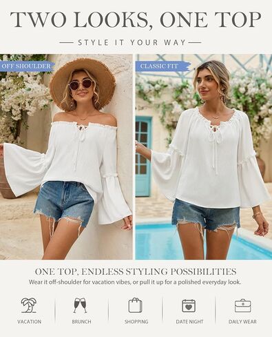 siliteelon Off The Shoulder Tops Women Ruffle Bell Sleeve Blouses Tie Knot Summer Casual Dressy Shirts Flowy Vacation in Kuwait