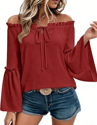 siliteelon Off The Shoulder Tops Women Ruffle Bell Sleeve Blouses Tie Knot Summer Casual Dressy Shirts Flowy Vacation in Kuwait