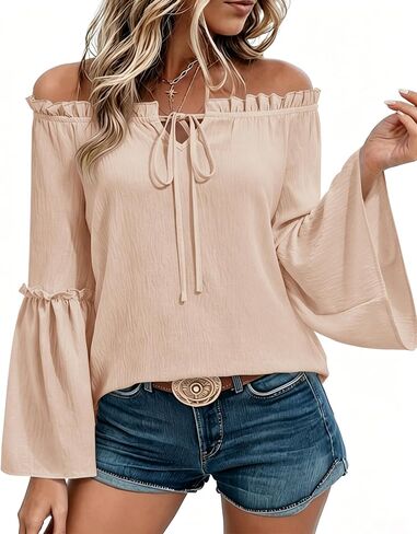 siliteelon Off The Shoulder Tops Women Ruffle Bell Sleeve Blouses Tie Knot Summer Casual Dressy Shirts Flowy Vacation in Kuwait
