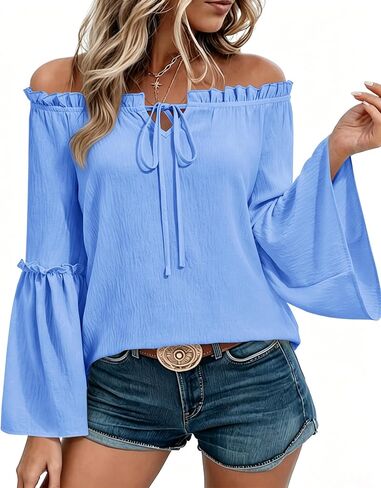 siliteelon Off The Shoulder Tops Women Ruffle Bell Sleeve Blouses Tie Knot Summer Casual Dressy Shirts Flowy Vacation in Kuwait