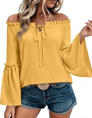 siliteelon Off The Shoulder Tops Women Ruffle Bell Sleeve Blouses Tie Knot Summer Casual Dressy Shirts Flowy Vacation in Kuwait
