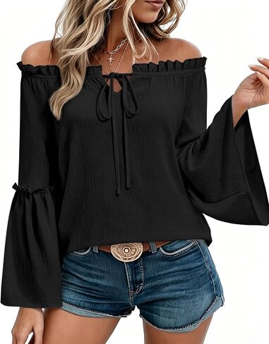 siliteelon Off The Shoulder Tops Women Ruffle Bell Sleeve Blouses Tie Knot Summer Casual Dressy Shirts Flowy Vacation in Kuwait