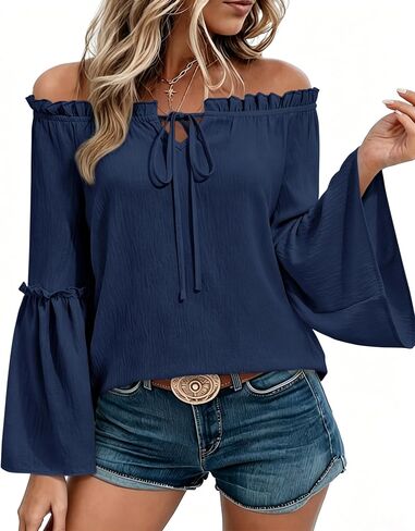 siliteelon Off The Shoulder Tops Women Ruffle Bell Sleeve Blouses Tie Knot Summer Casual Dressy Shirts Flowy Vacation in Kuwait
