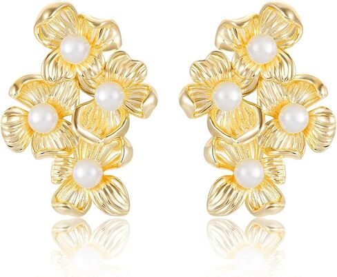 Mameloly Flower Statement Earrings Dainty 14K Gold Plated Drop Dangle Earrings for Women Hypoallergenic in Kuwait