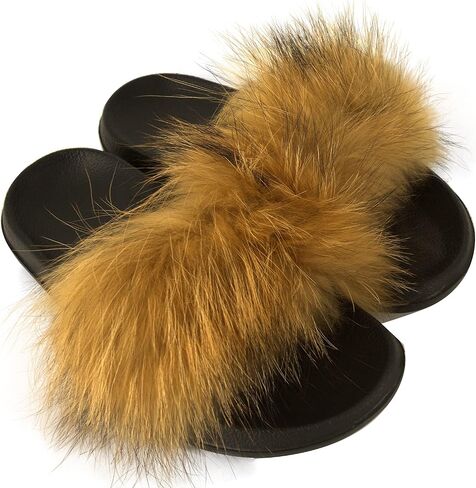 URSFUR Real Raccoon Fur Slides Slippers for Women Girls Summer Open Toe Fluffy Slides Soft Sole in Saudi Arabia