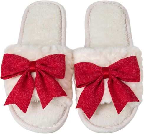 Enteer Women’s Fuzzy Bow House Slippers, Memory Foam Slides, Open Toe Plush Fleece Slippers for Indoor, Anti-Slip Rubber Sole, Ideal Bridal Party & Mother’s Day Gifts in Saudi Arabia