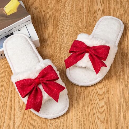 Enteer Women’s Fuzzy Bow House Slippers, Memory Foam Slides, Open Toe Plush Fleece Slippers for Indoor, Anti-Slip Rubber Sole, Ideal Bridal Party & Mother’s Day Gifts in Saudi Arabia