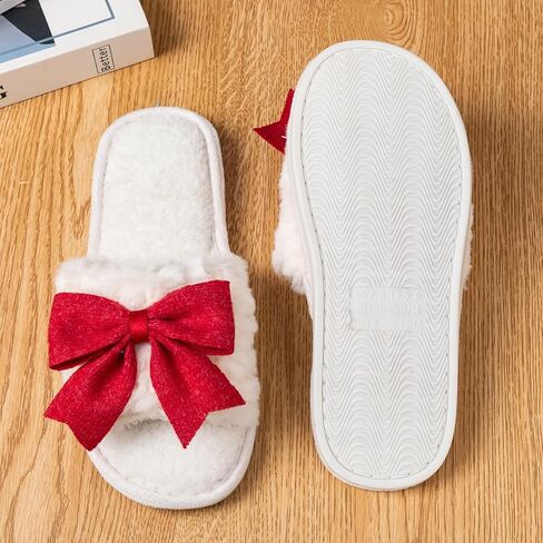 Enteer Women’s Fuzzy Bow House Slippers, Memory Foam Slides, Open Toe Plush Fleece Slippers for Indoor, Anti-Slip Rubber Sole, Ideal Bridal Party & Mother’s Day Gifts in Saudi Arabia