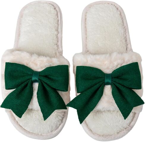 Enteer Women’s Fuzzy Bow House Slippers, Memory Foam Slides, Open Toe Plush Fleece Slippers for Indoor, Anti-Slip Rubber Sole, Ideal Bridal Party & Mother’s Day Gifts in Saudi Arabia